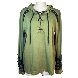 Mens Lace Up Hooded Shirt Green Faux Black Leather Size L Cosplay Medieval